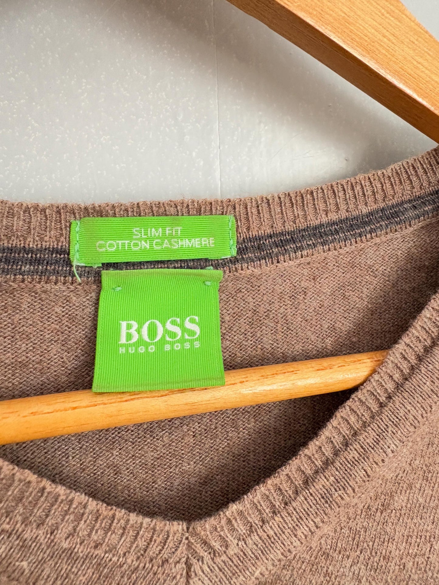Light academia vintage Hugo Boss pullover, Cotton - cashmere winter sweater, Cozy tan slim fit autumn knit, Size M