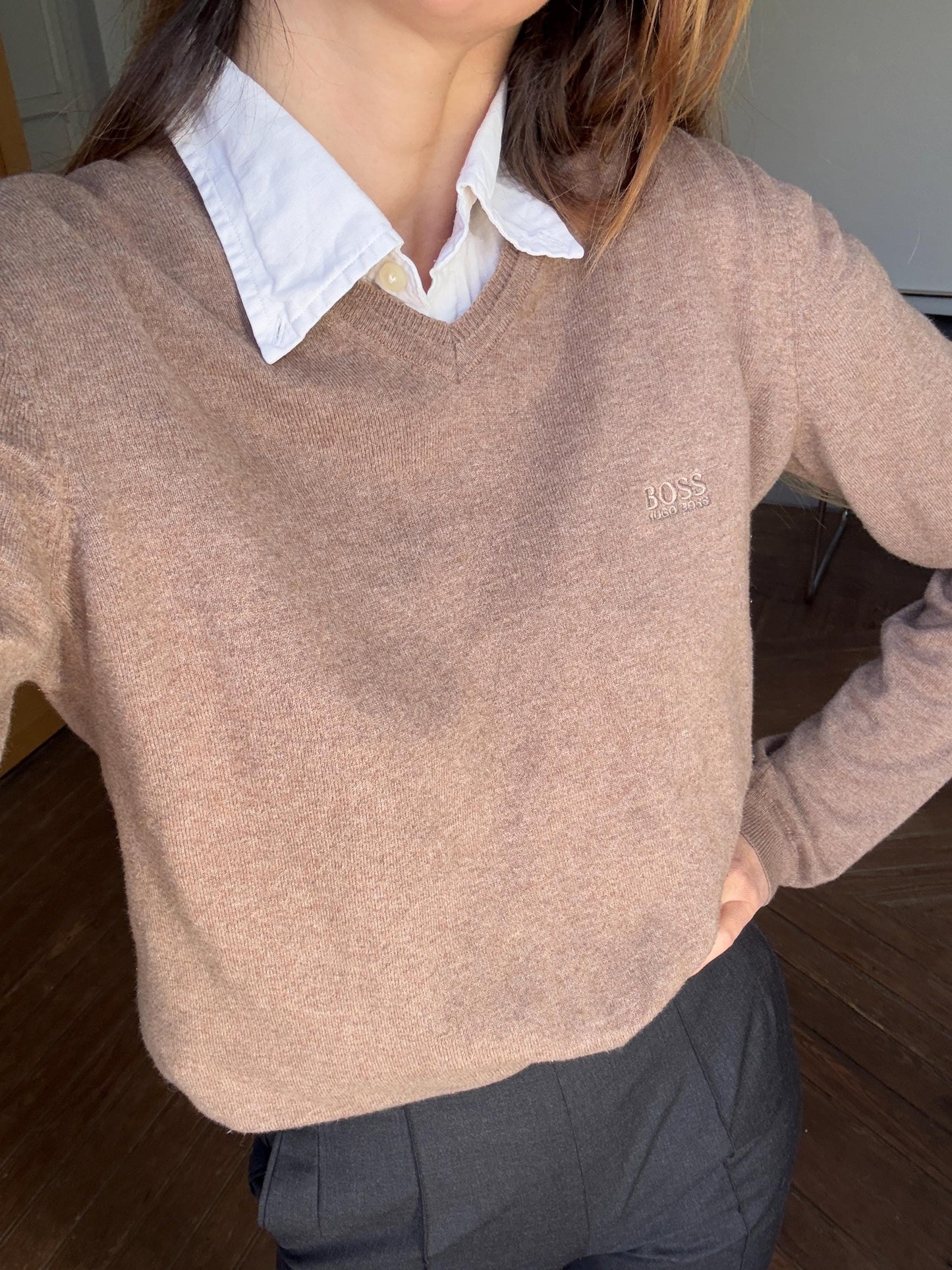 Light academia vintage Hugo Boss pullover, Cotton - cashmere winter sweater, Cozy tan slim fit autumn knit, Size M