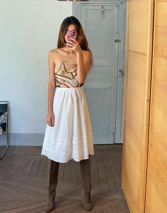 Cottage core white vintage midi skirt, Romantic handmade eyelet fabric skirt