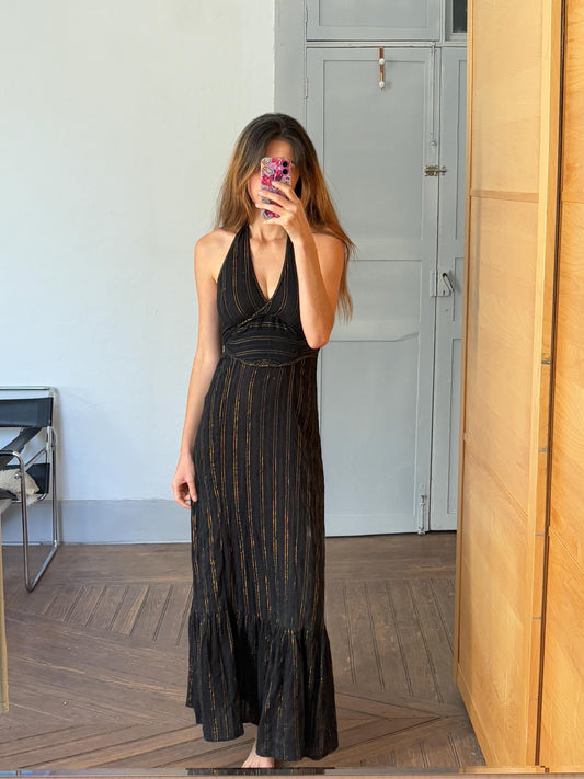 Vintage black and gold maxi dress, Designer long Basic casual loose fit summer dress, Sexy deep v neck line feminine summer clothing
