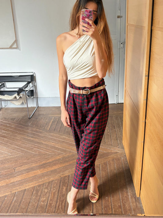 Vintage red plaid wool trousers punk inspired pants Gwen Stefani style 90s grunge tapered leg high waisted tailored fit