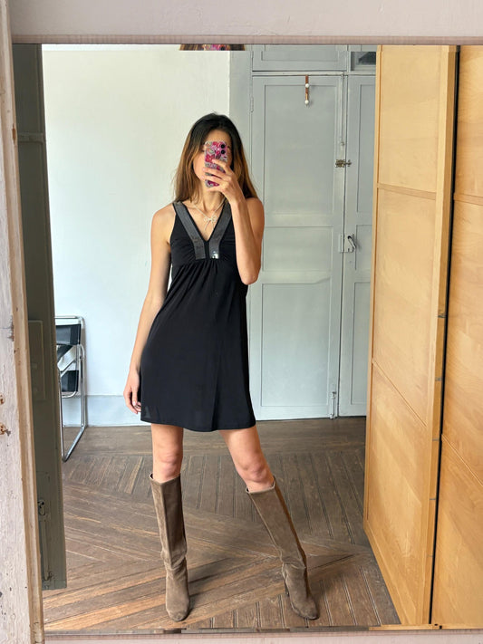 Elegant black mini dress with sequin decorated neckline, Size XS