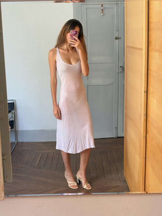 Vintage Light pink sheer maxi dress, Super sexy see through open neckline night gown, Soft Elastic Minimalist nightie, Basic long pyjamas