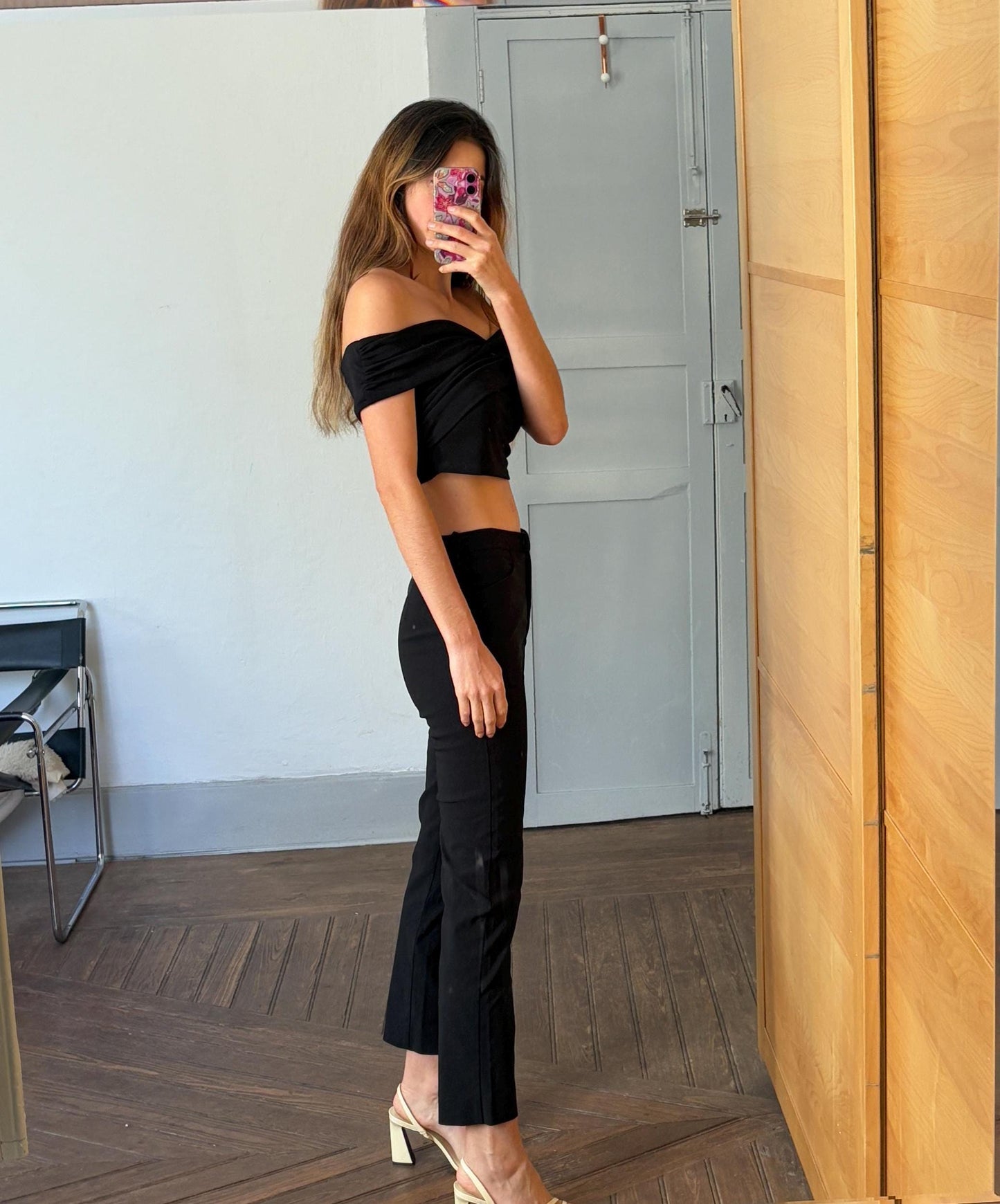 Vintage black mid waist trousers, Basic girl simple retro stretchy pants
