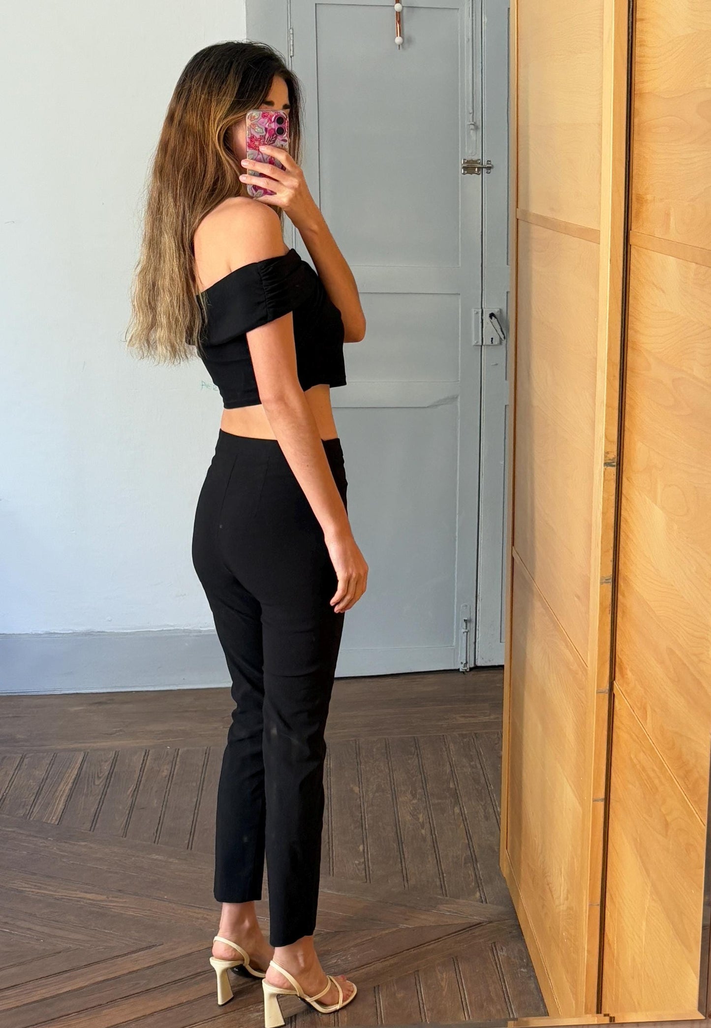 Vintage black mid waist trousers, Basic girl simple retro stretchy pants
