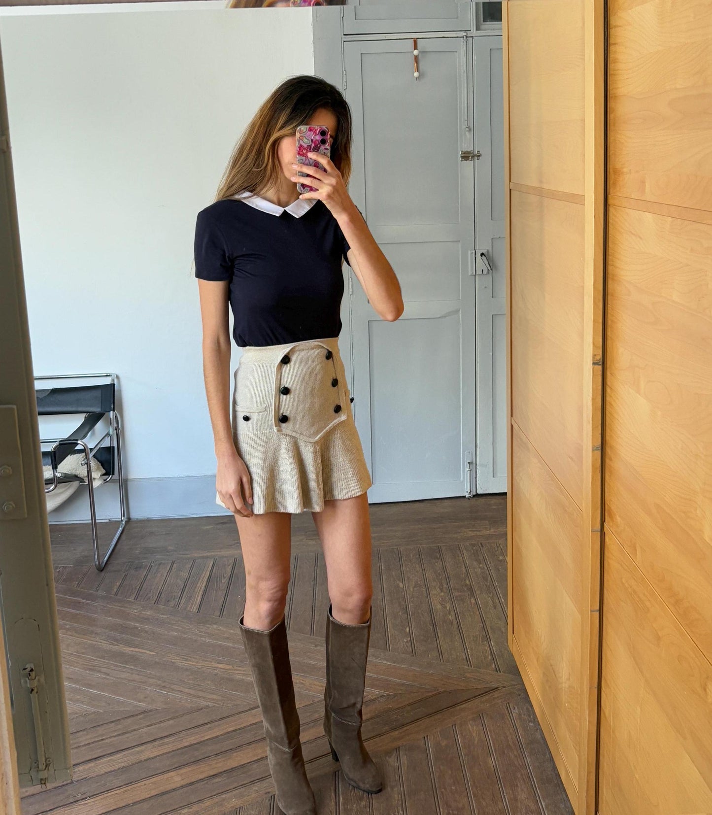 Vintage Dark Academia aesthetic shirt with white collar, Cute dark blue short sleeve t-shirt, XXS - XS