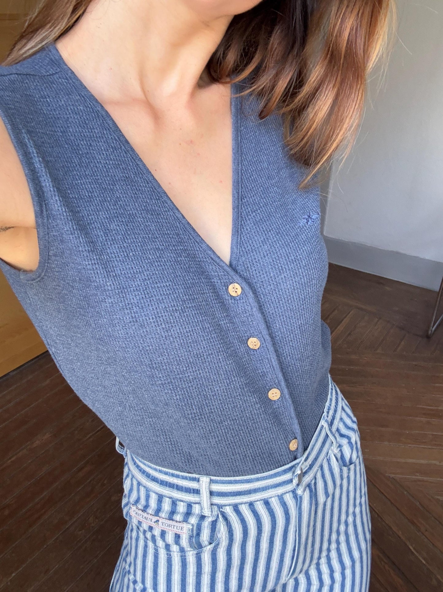 True vintage blue cotton camisole, Textured button down waistcoat, Vintage smart unisex gilet, Size S