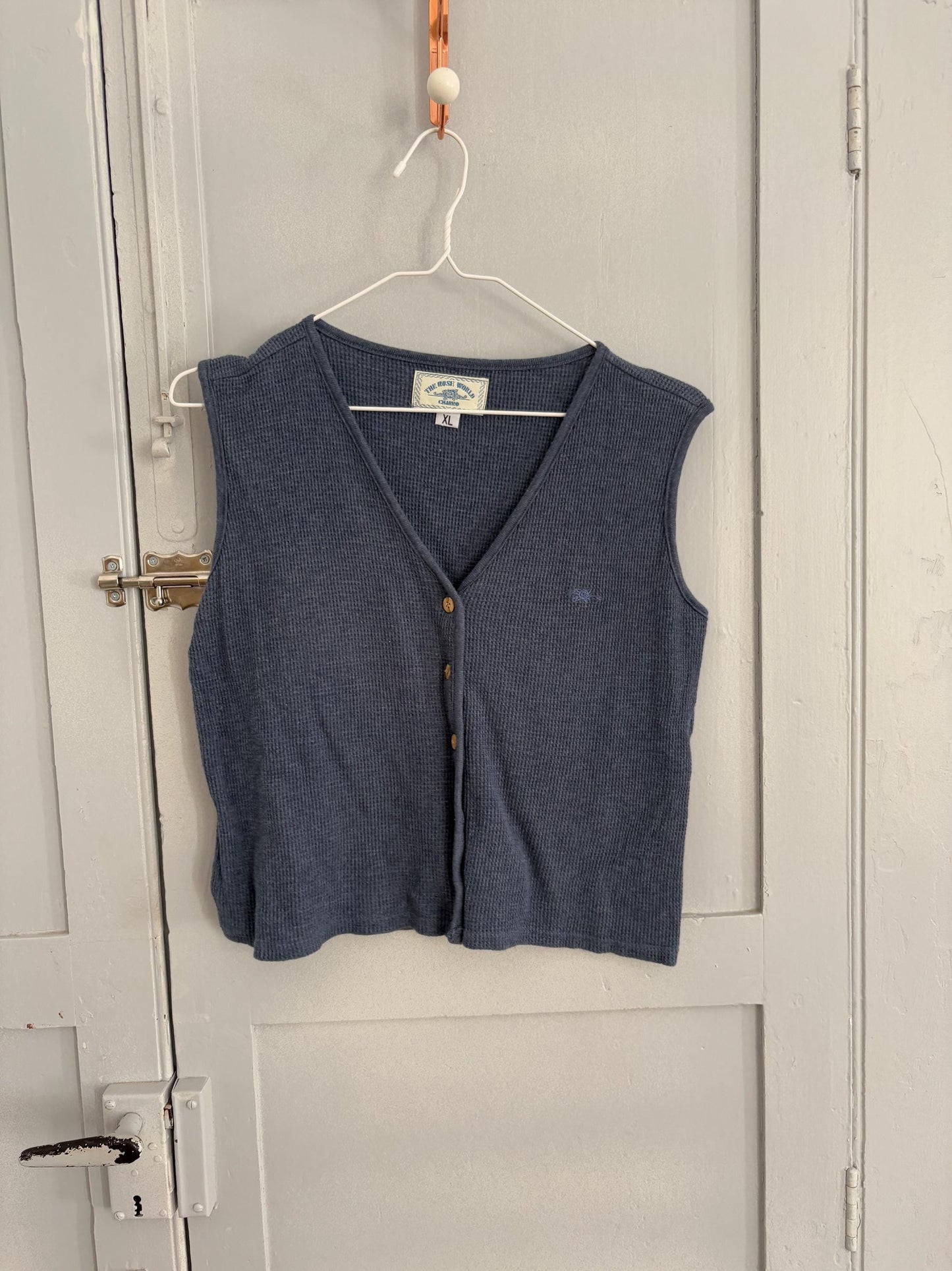 True vintage blue cotton camisole, Textured button down waistcoat, Vintage smart unisex gilet, Size S