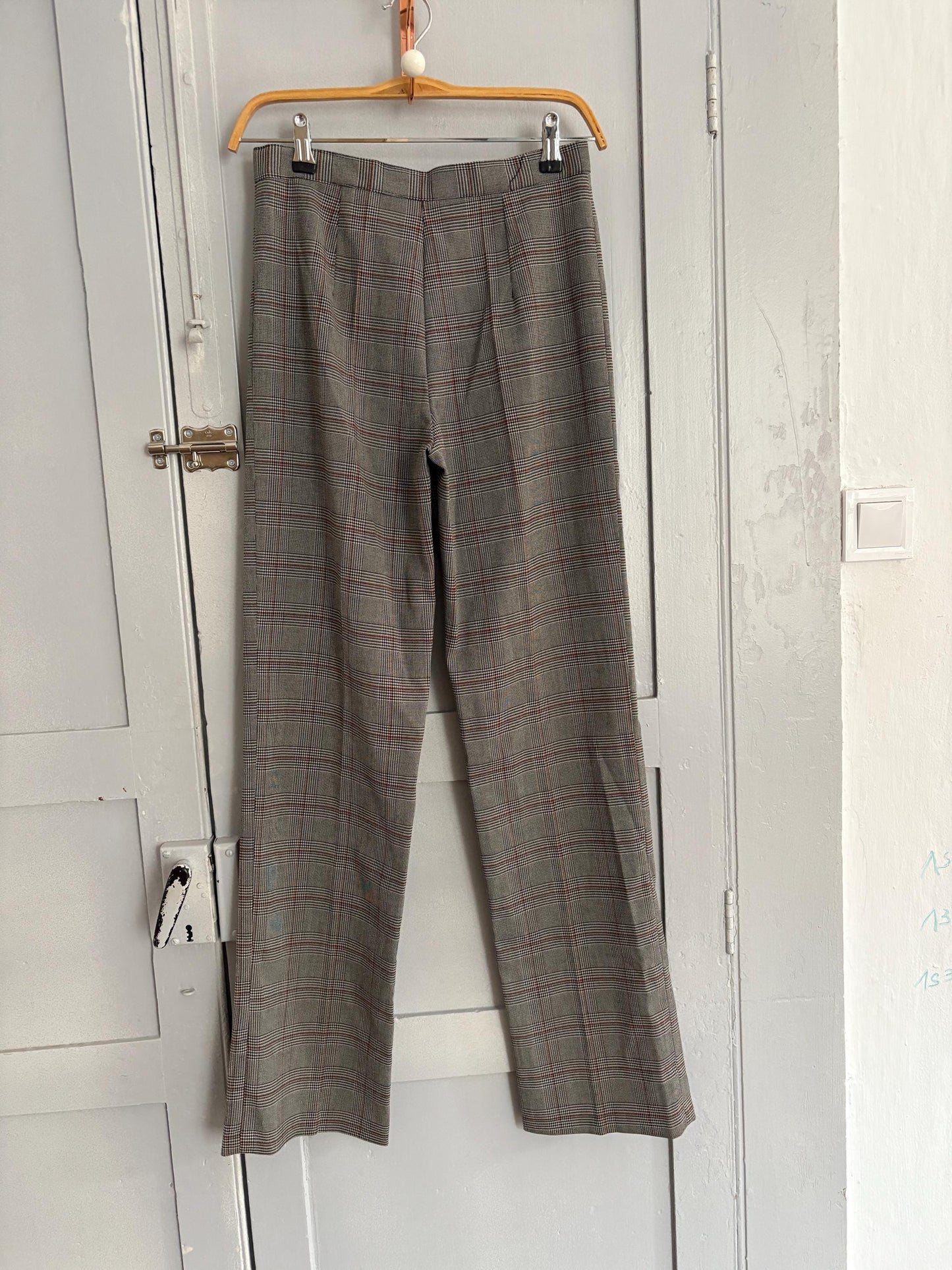 Vintage plaid wool trousers – size S, made in Italy, high-waisted academia pants with grey red check print