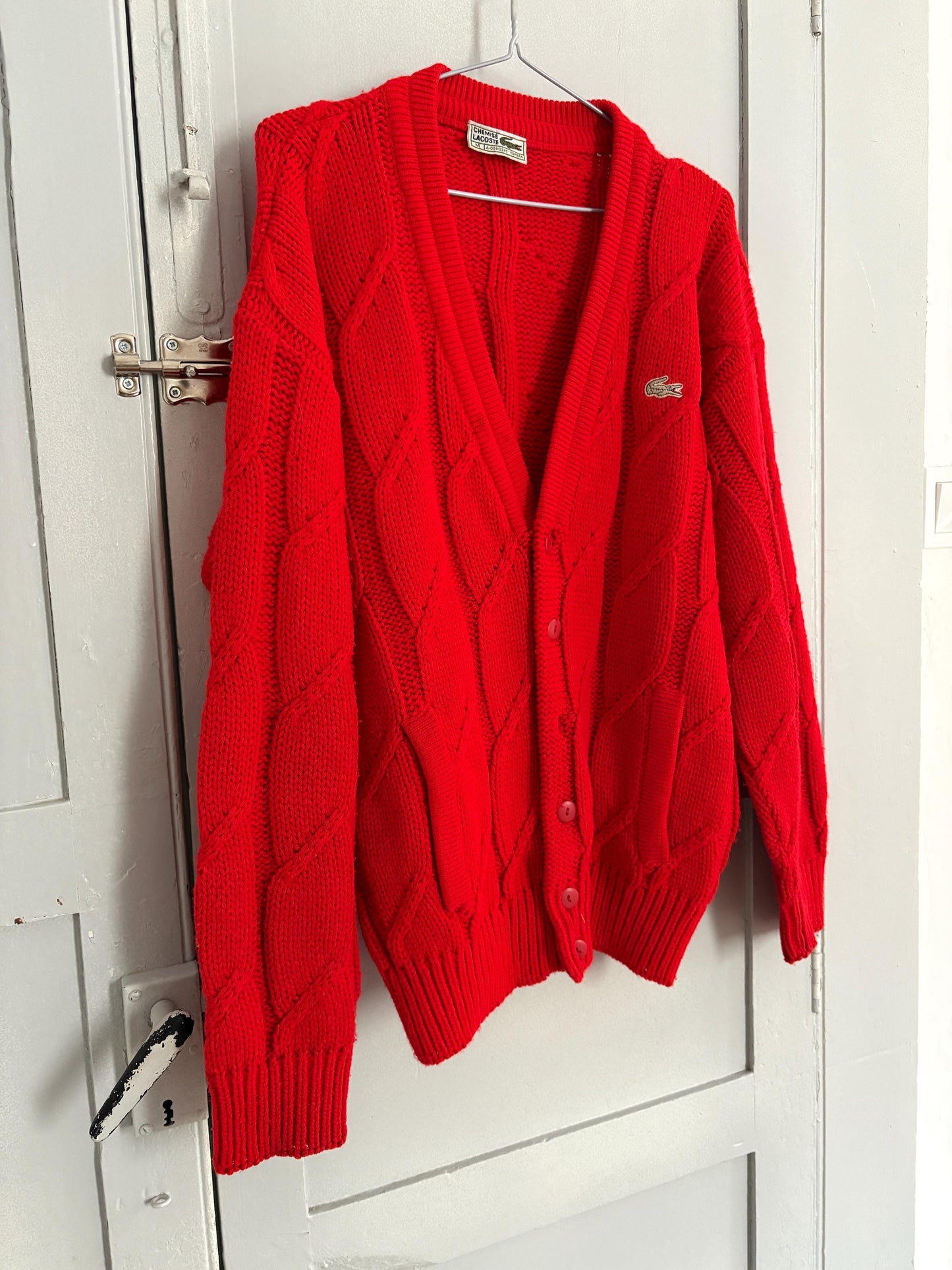 Bright red vintage Chemise Lacoste cardigan, V neck classic aesthetic jumper, Branded winter knit wear, Size M