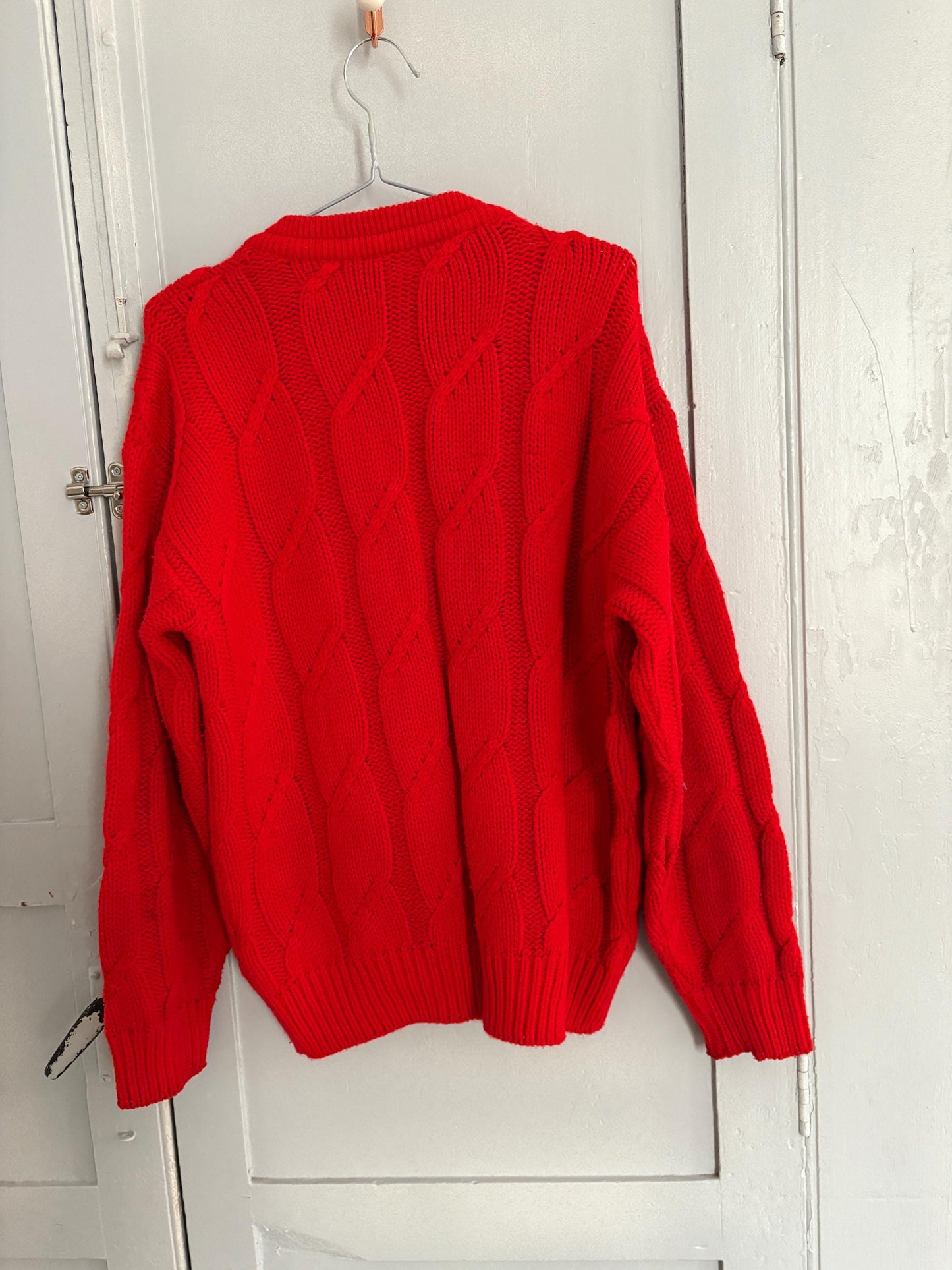 Bright red vintage Chemise Lacoste cardigan, V neck classic aesthetic jumper, Branded winter knit wear, Size M
