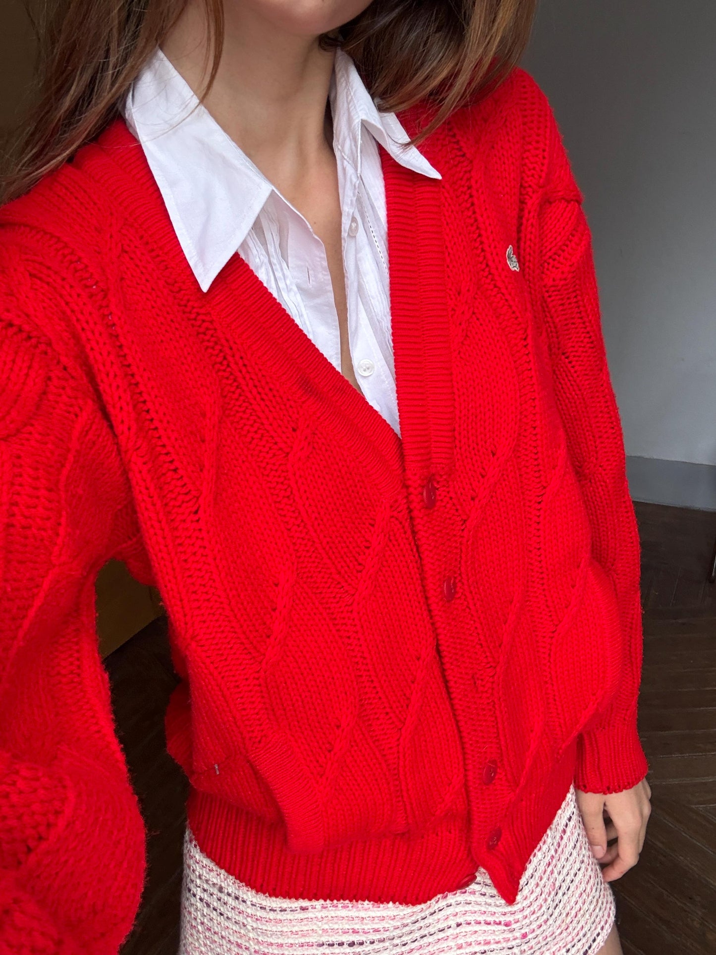 Bright red vintage Chemise Lacoste cardigan, V neck classic aesthetic jumper, Branded winter knit wear, Size M