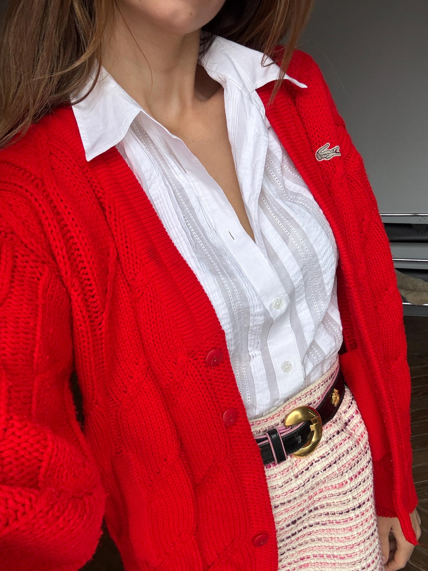Bright red vintage Chemise Lacoste cardigan, V neck classic aesthetic jumper, Branded winter knit wear, Size M
