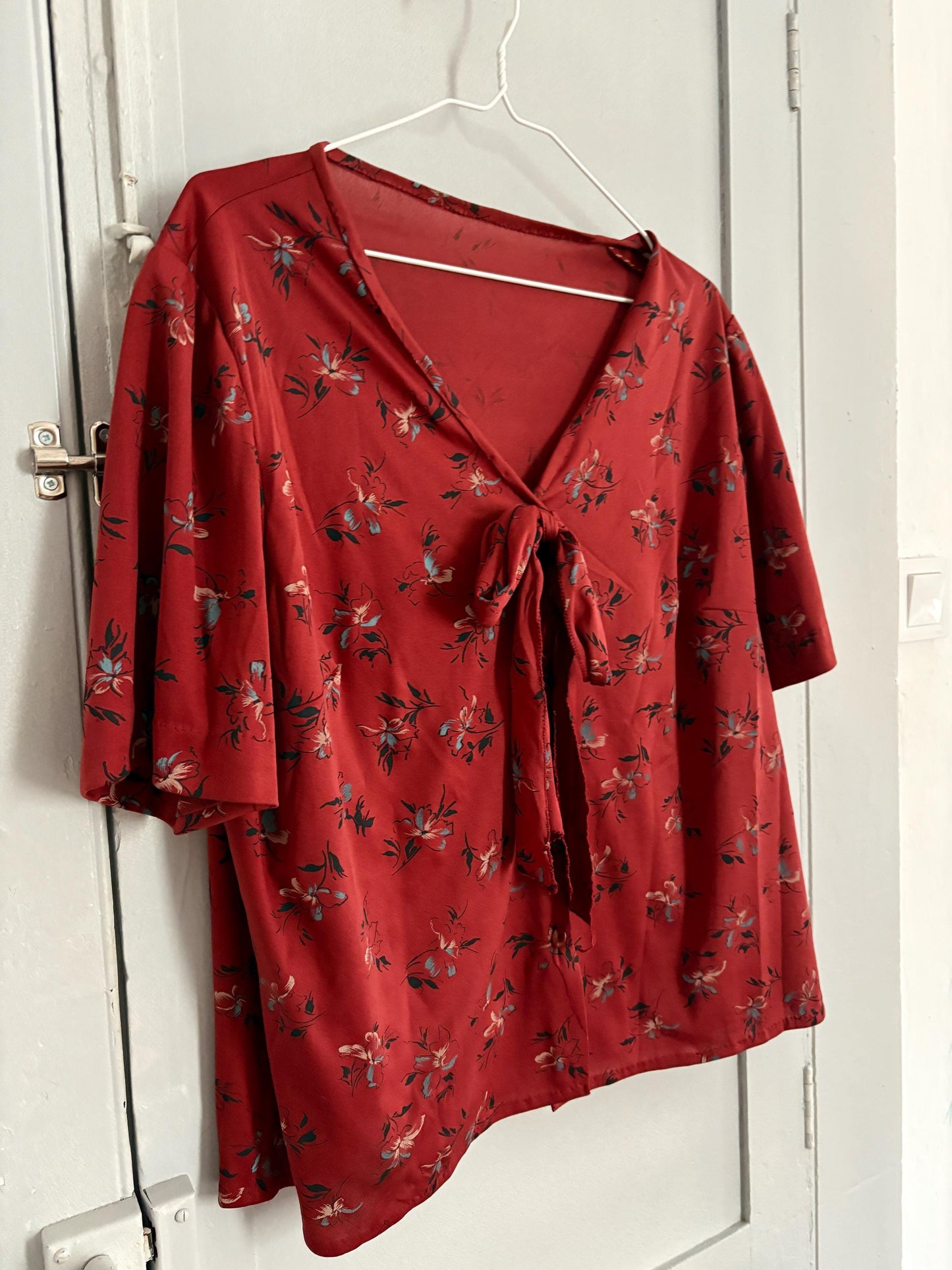 Vintage unique red frill blouse, HANDMADE Retro 60s woman top, groovy bow tie shirt, Dead stock original vintage, L