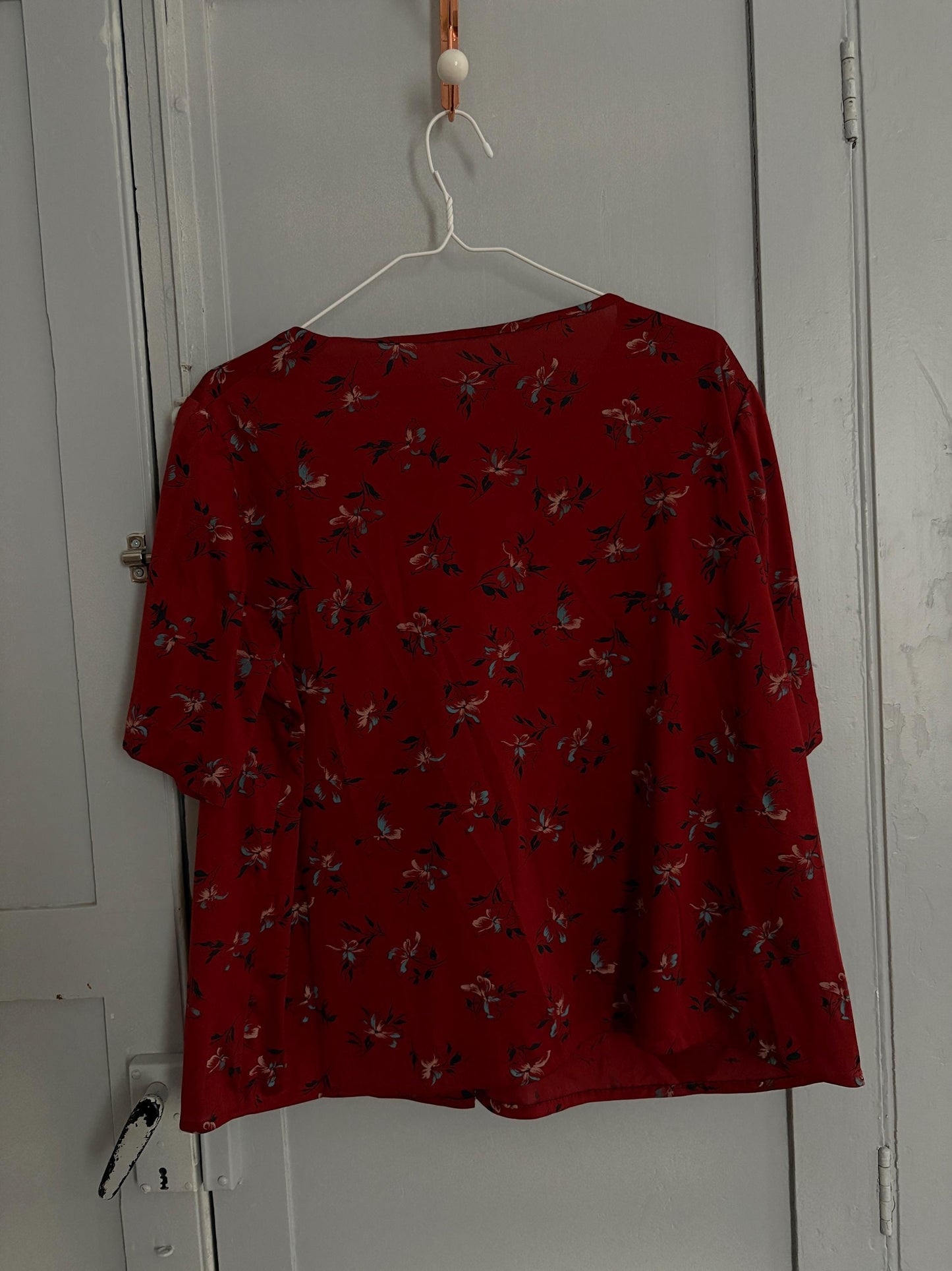 Vintage unique red frill blouse, HANDMADE Retro 60s woman top, groovy bow tie shirt, Dead stock original vintage, L