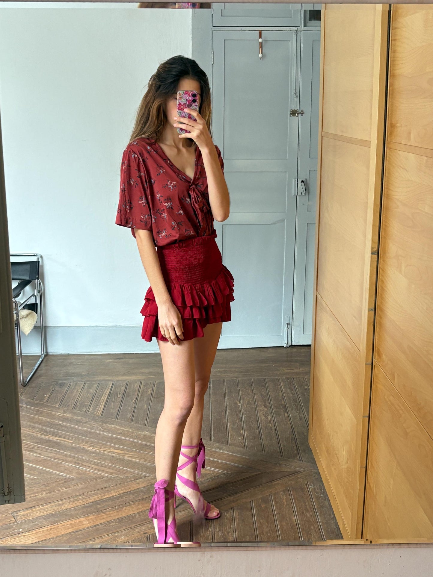 Vintage Floral Tie-Front Blouse | Oversized Handmade Unisex Top | Deep Red Satin Look | Fits Up to EU 44 / US 12 / UK 16