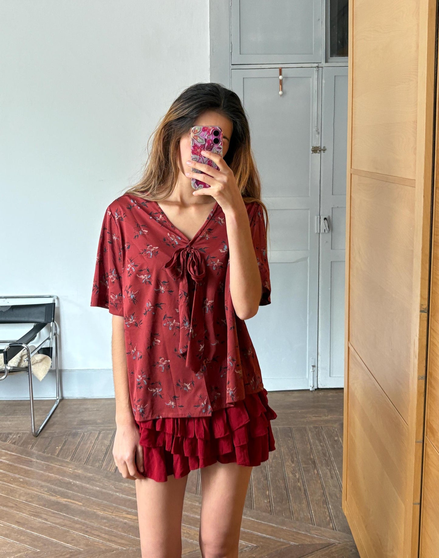 Vintage unique red frill blouse, HANDMADE Retro 60s woman top, groovy bow tie shirt, Dead stock original vintage, L