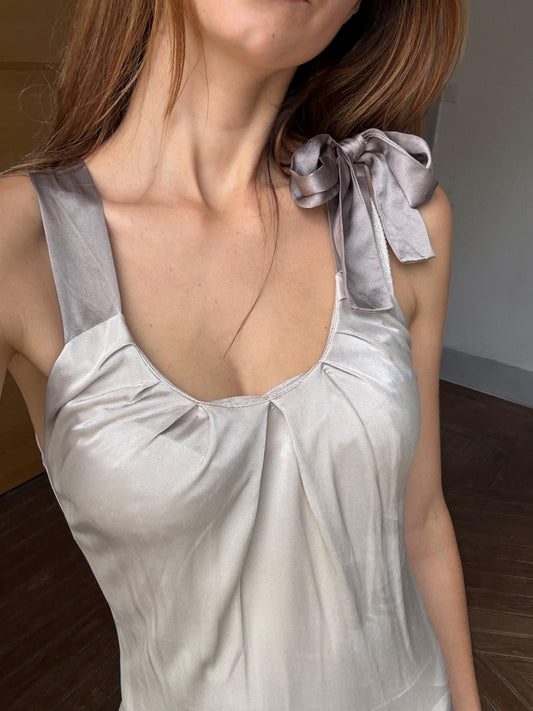 Vintage Silk silver Maje Paris midi dress, Formal brunch outfit, Luxury French designer dress, M