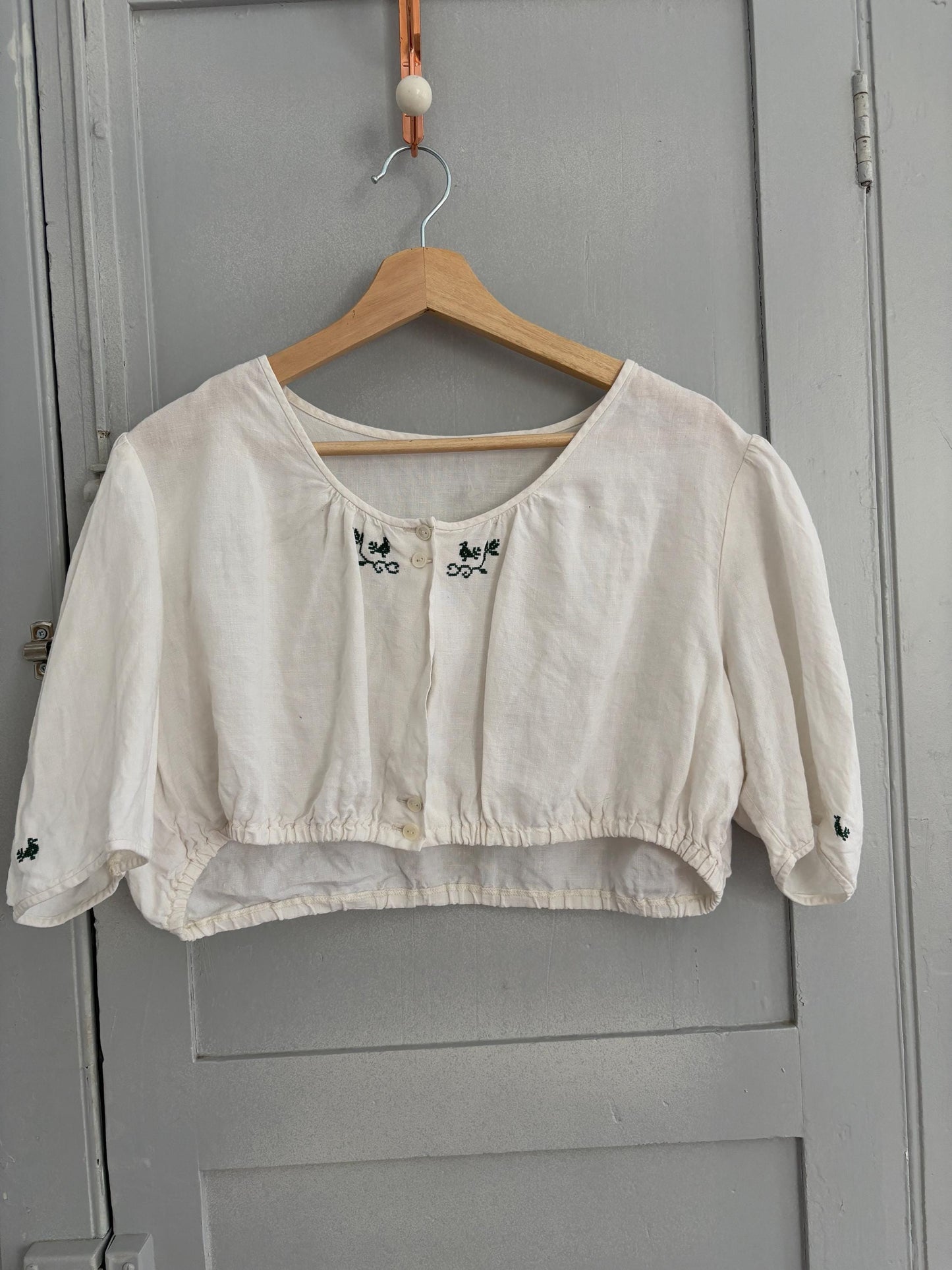 Antique French farm girl cotton top, Green bird embroidered damask handmade shirt, Puff sleeve Vintage white romantic crop top,