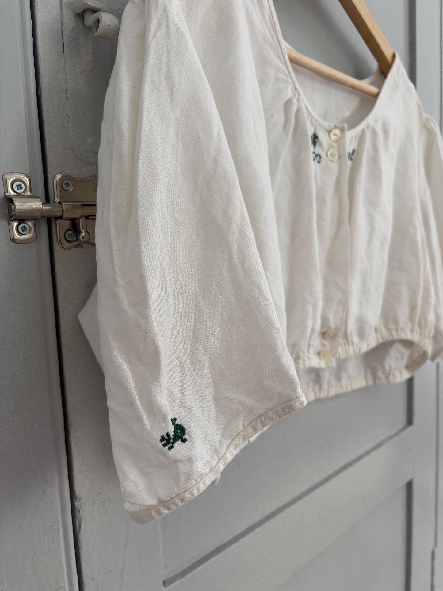 Antique French farm girl cotton top, Green bird embroidered damask handmade shirt, Puff sleeve Vintage white romantic crop top,