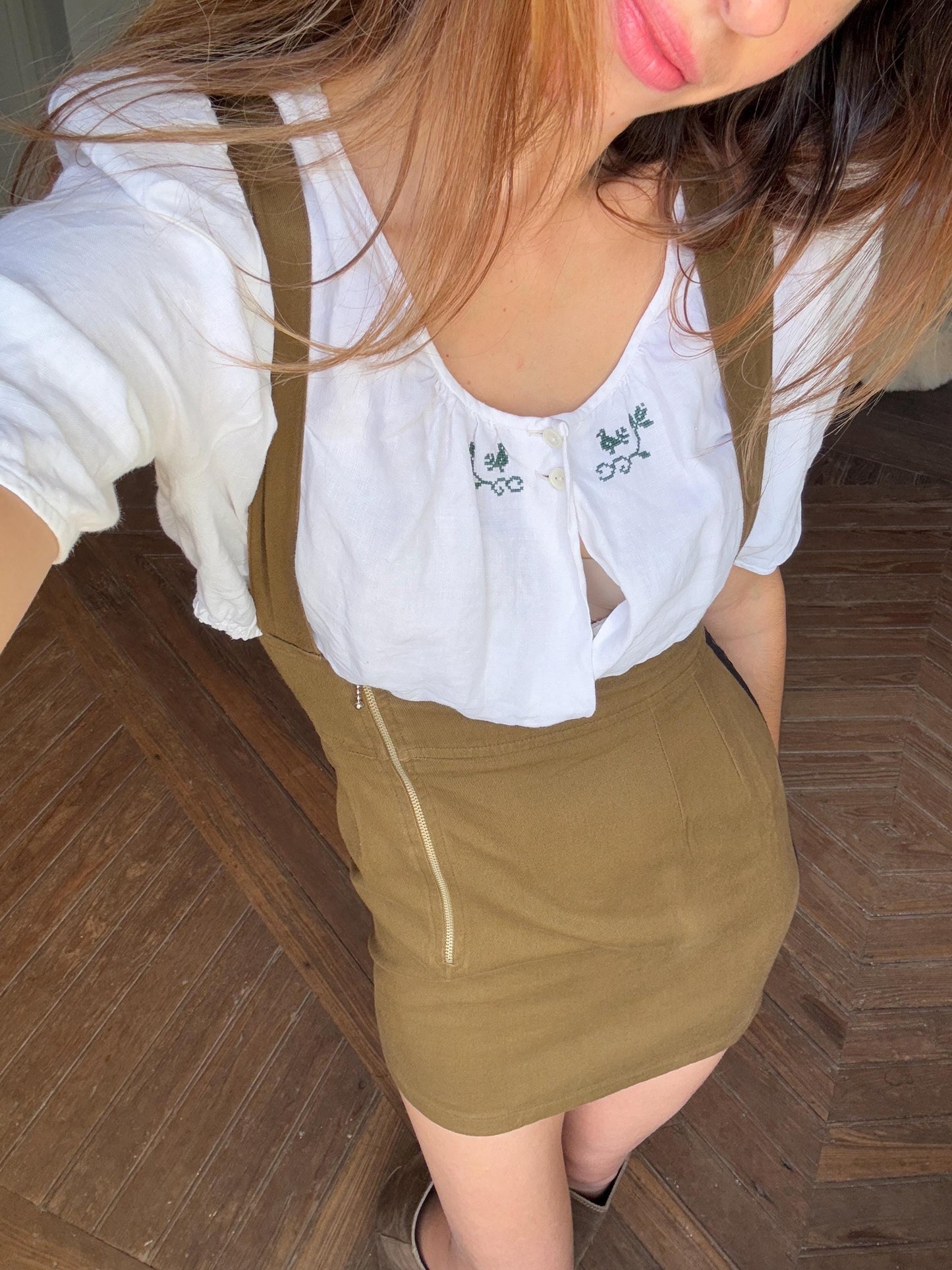Antique French farm girl cotton top, Green bird embroidered damask handmade shirt, Puff sleeve Vintage white romantic crop top,