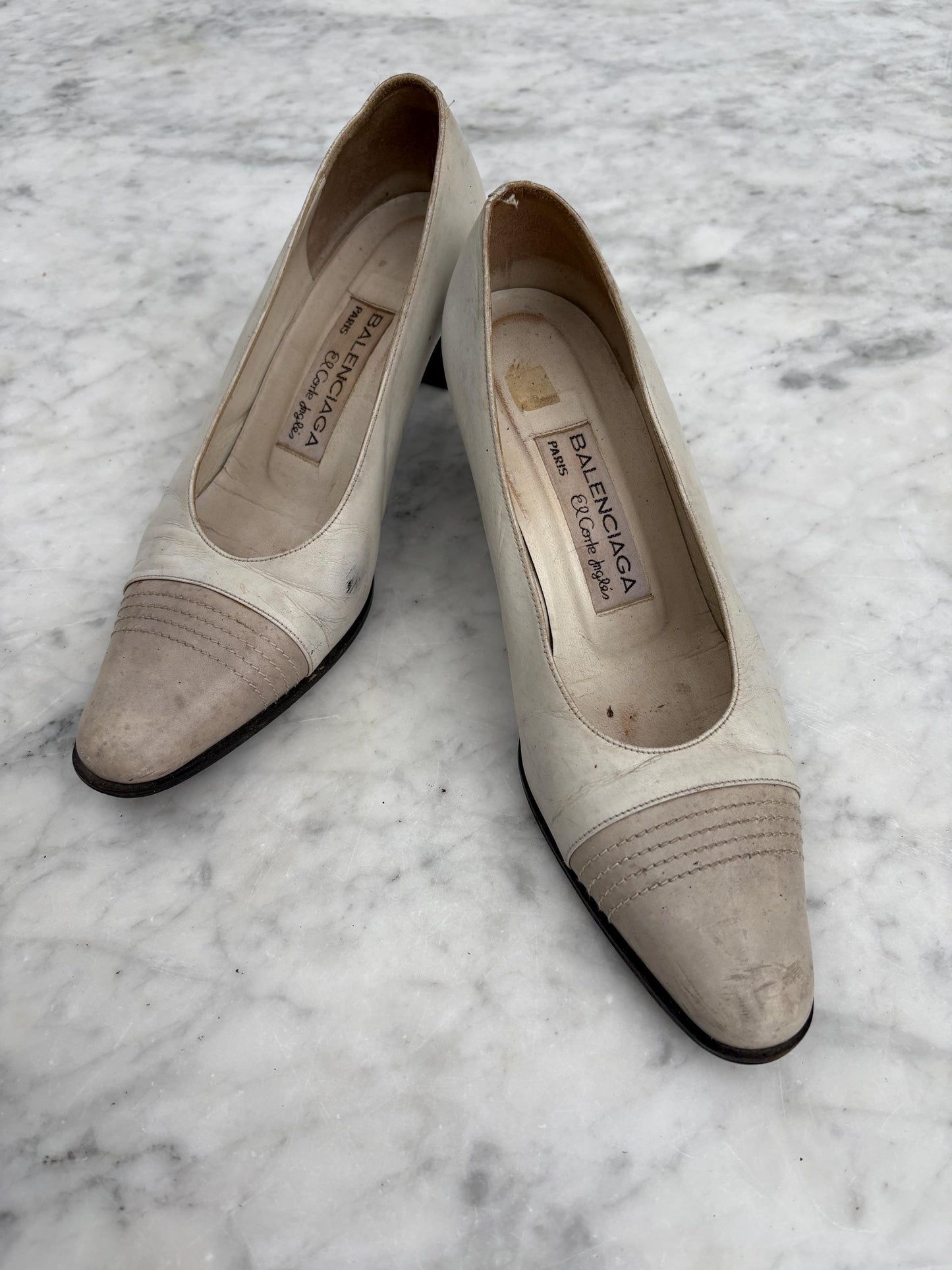 Vintage Balenciaga Heels | White Leather Two-Tone Pumps | Size 37 | Made in Spain