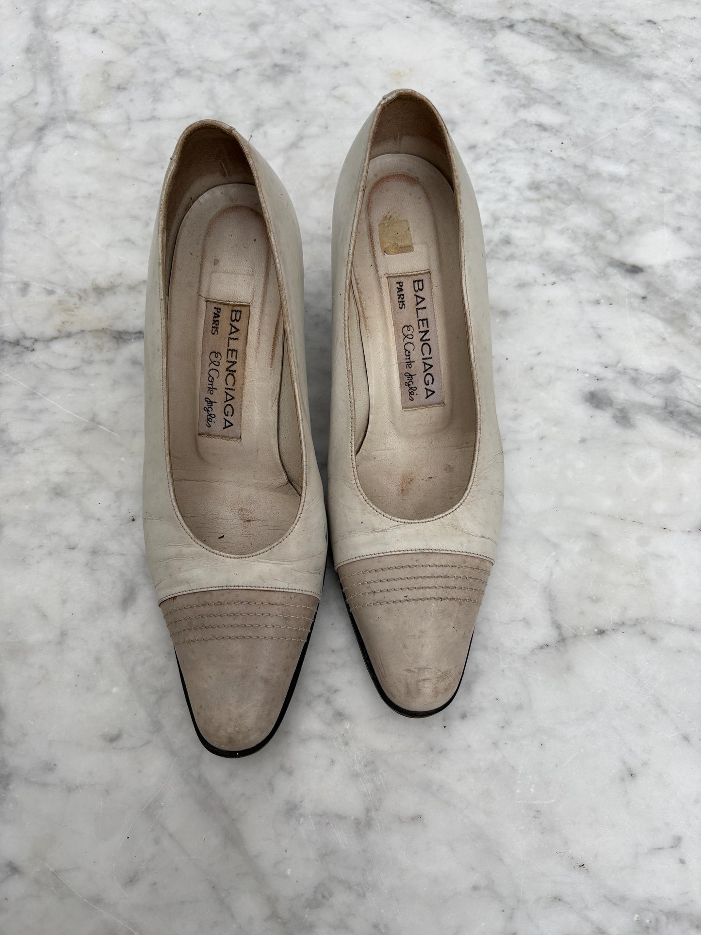 Vintage Balenciaga Heels | White Leather Two-Tone Pumps | Size 37 | Made in Spain