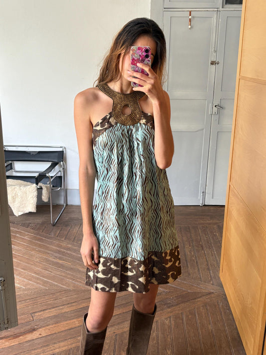 Colourful vintage summer dress, Playful pattern X Maison Derhy short vacation dress, French designer woman clothing, M