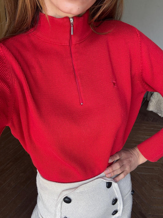 Vintage Bright red jumper by Cote Nord, Vibrant Maritime pullover, Long sleeve turtle neck shirt, Cotton cardigan, Size S