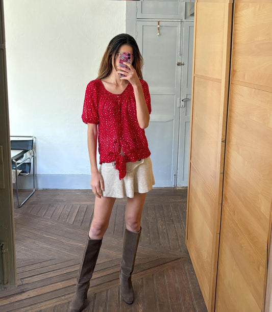 Vintage unique red frill blouse, Retro 60s woman top, groovy bow tie shirt, Deadstock original vintage, Size M