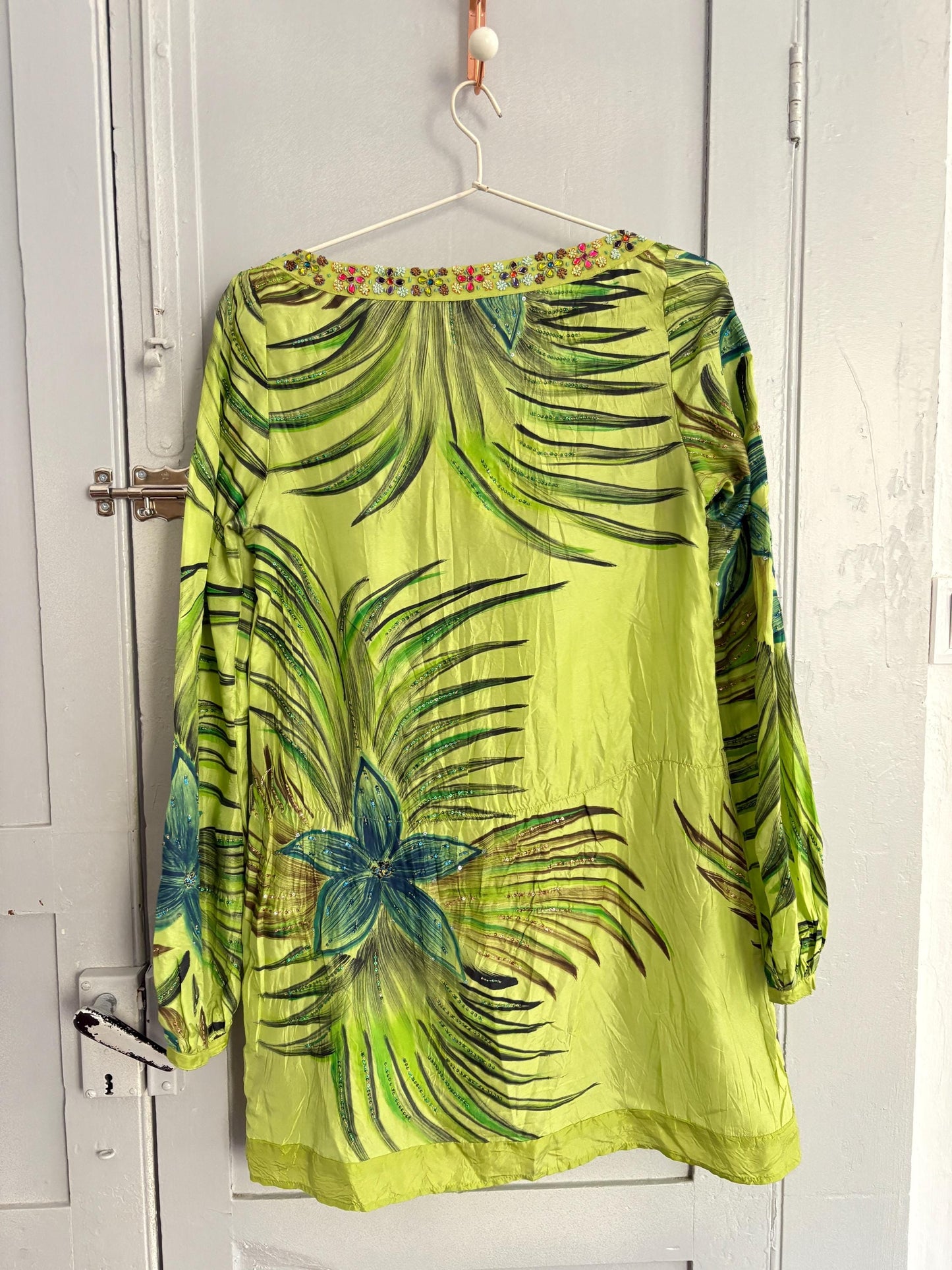 Vintage Luxury SILK Custo Barcelona beach Dress, Long sleeve vibrant green retro mini dress with gold thread and beaded embellishments
