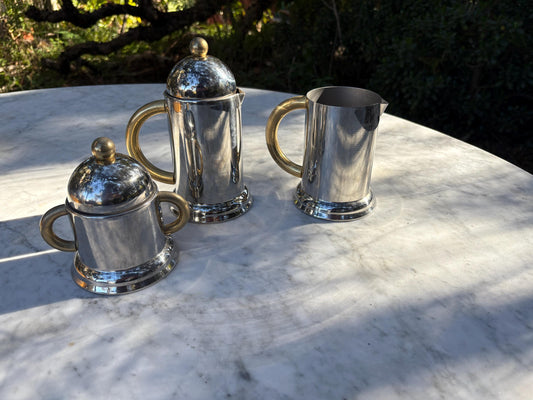 Vintage breakfast set of Italian 80's Inoxpran coffee pot, sugar bowl and milk jug, 6-cup espresso coffee maker, hot water kettle