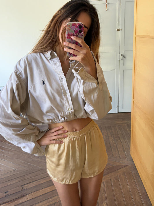 Vintage Reworked Ralph Lauren Button Down Shirt | Vintage High End Luxury Designer, Large natural neutral cropped woman shirt