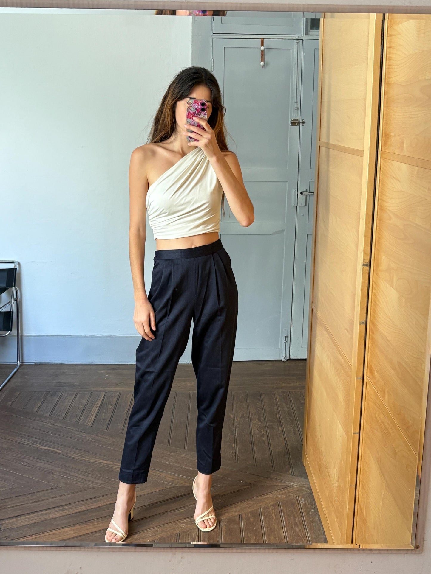 Vintage Luxury Italian designer pants, High waist pleated front wool long trousers, Armorica navy blue formal pants, M