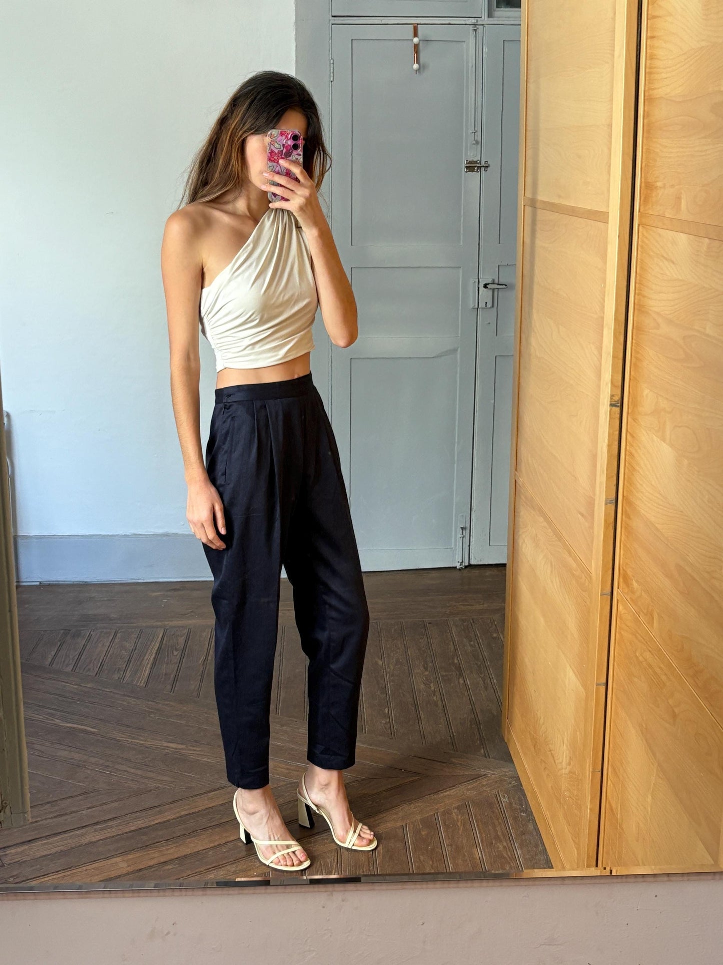 Vintage Luxury Italian designer pants, High waist pleated front wool long trousers, Armorica navy blue formal pants, M