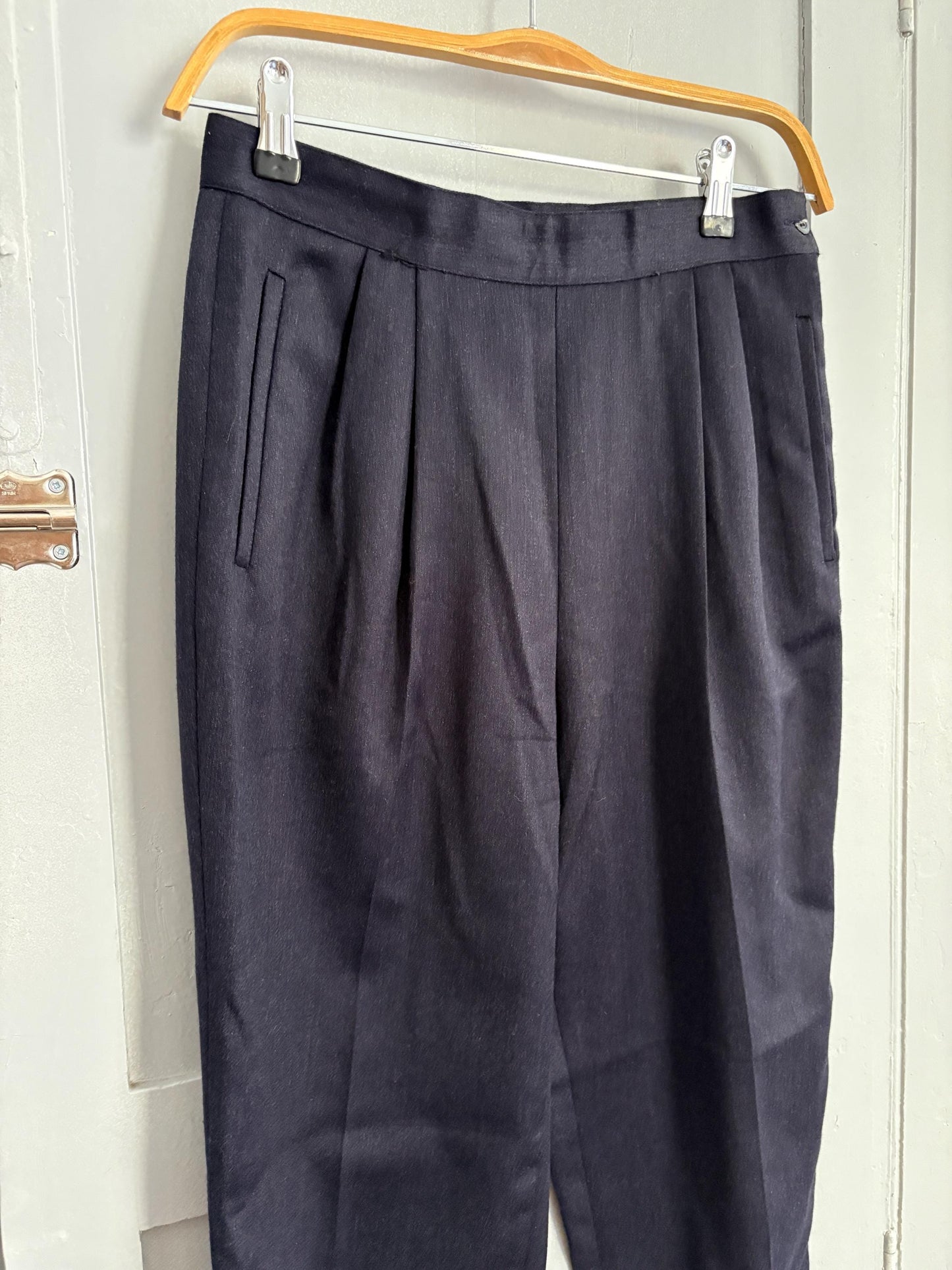 Vintage Luxury Italian designer pants, High waist pleated front wool long trousers, Armorica navy blue formal pants, M
