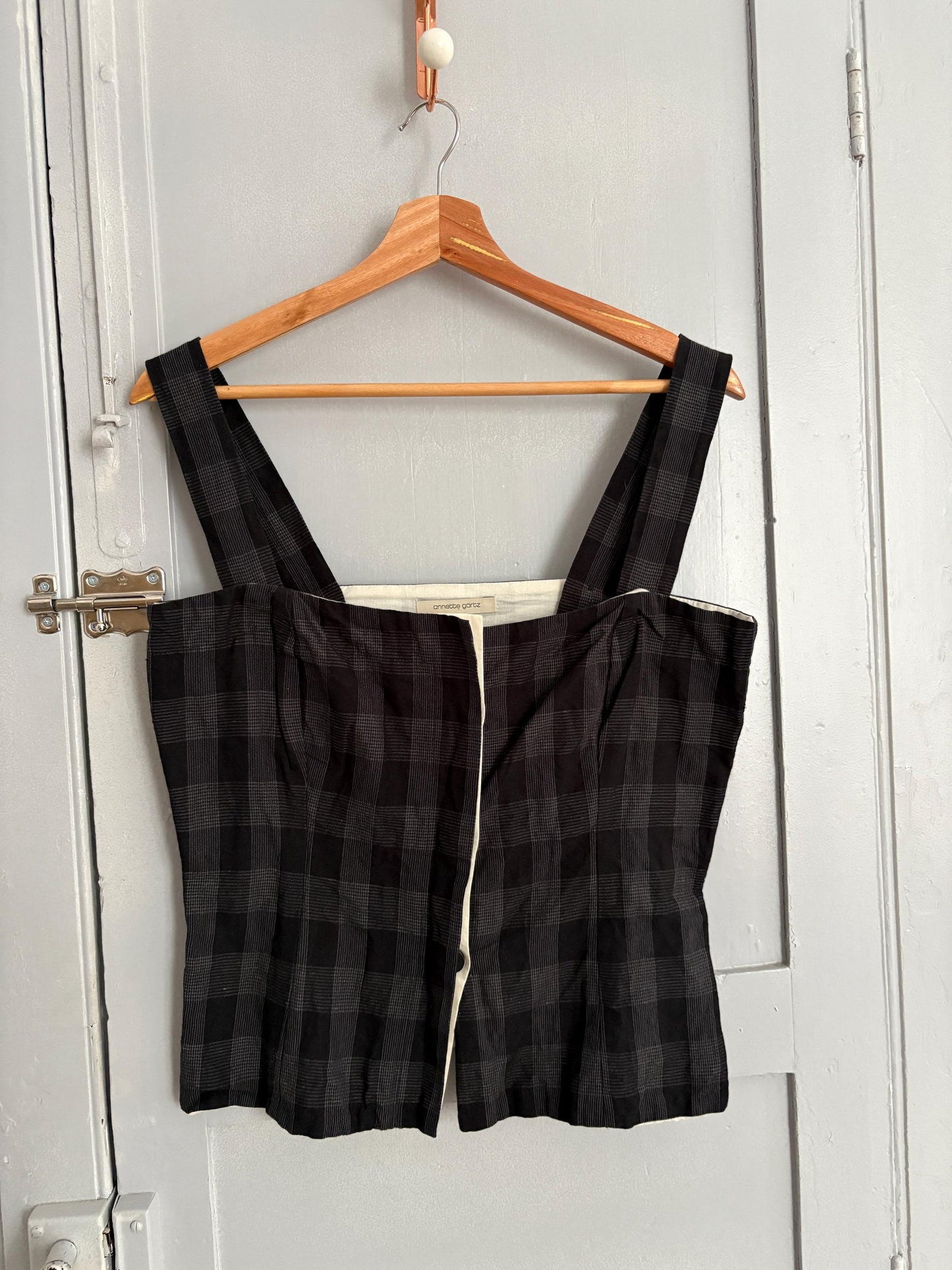 Anette gortz linen blend camisole, Black and grey Cotton plaid top, German designer clothing