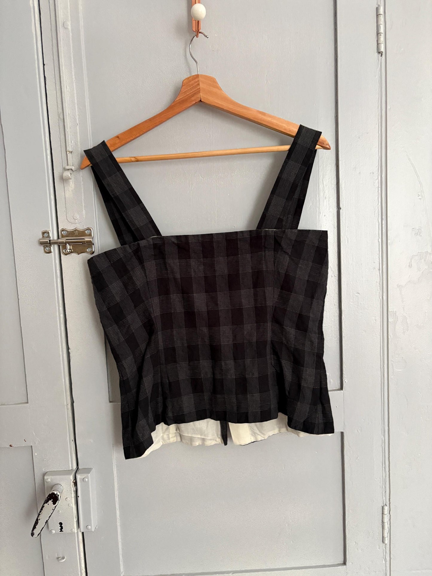 Anette gortz linen blend camisole, Black and grey Cotton plaid top, German designer clothing