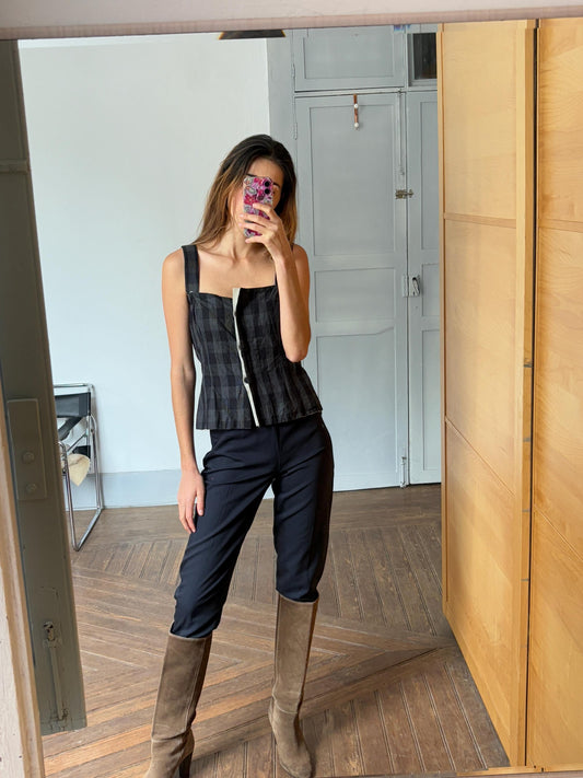 Anette gortz linen blend camisole, Black and grey Cotton plaid top, German designer clothing