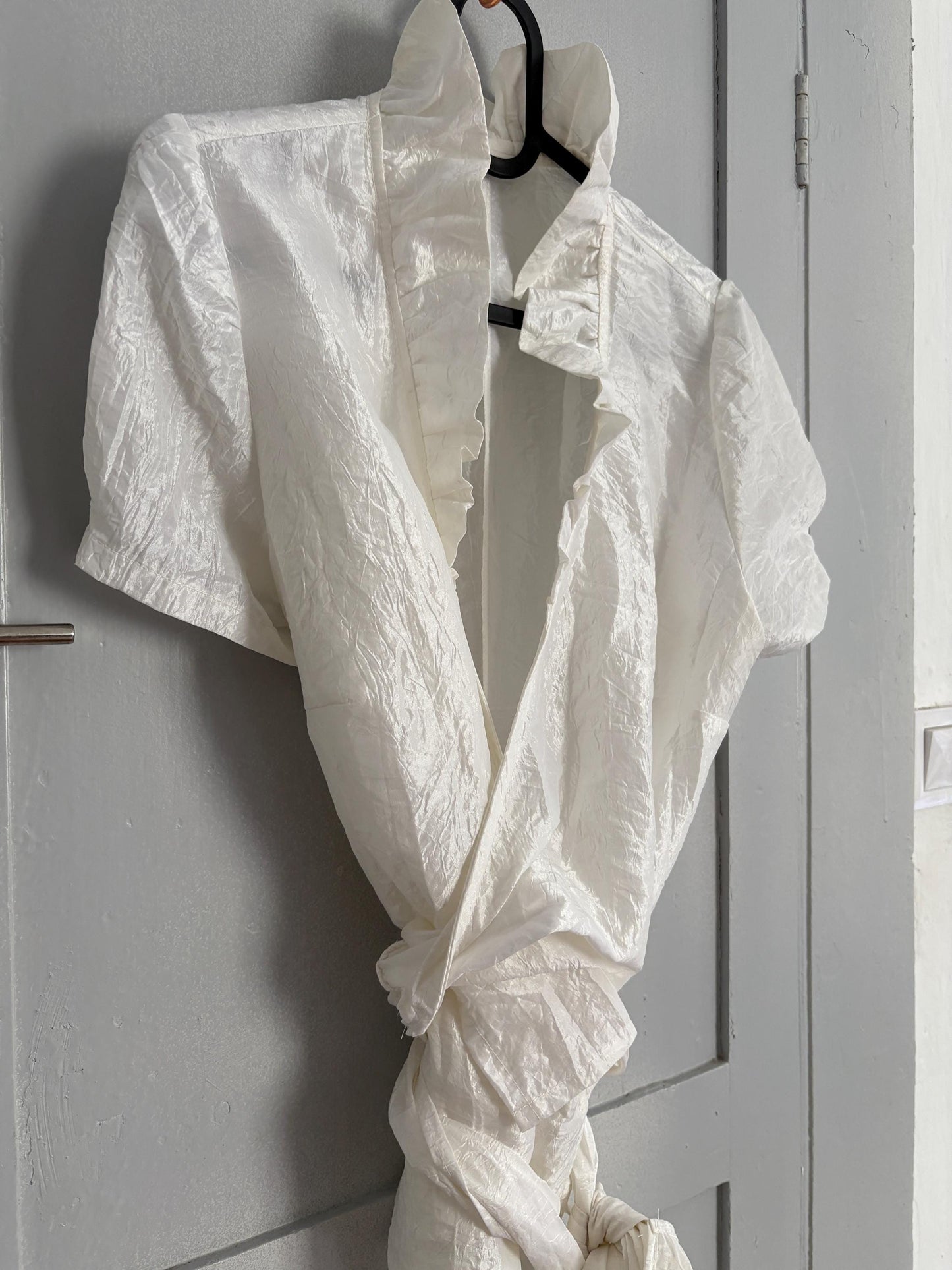 Vintage White Ruffle Wrap Blouse | Romantic Parisian Tie Top | Cottagecore Minimalist Aesthetic (Size S)