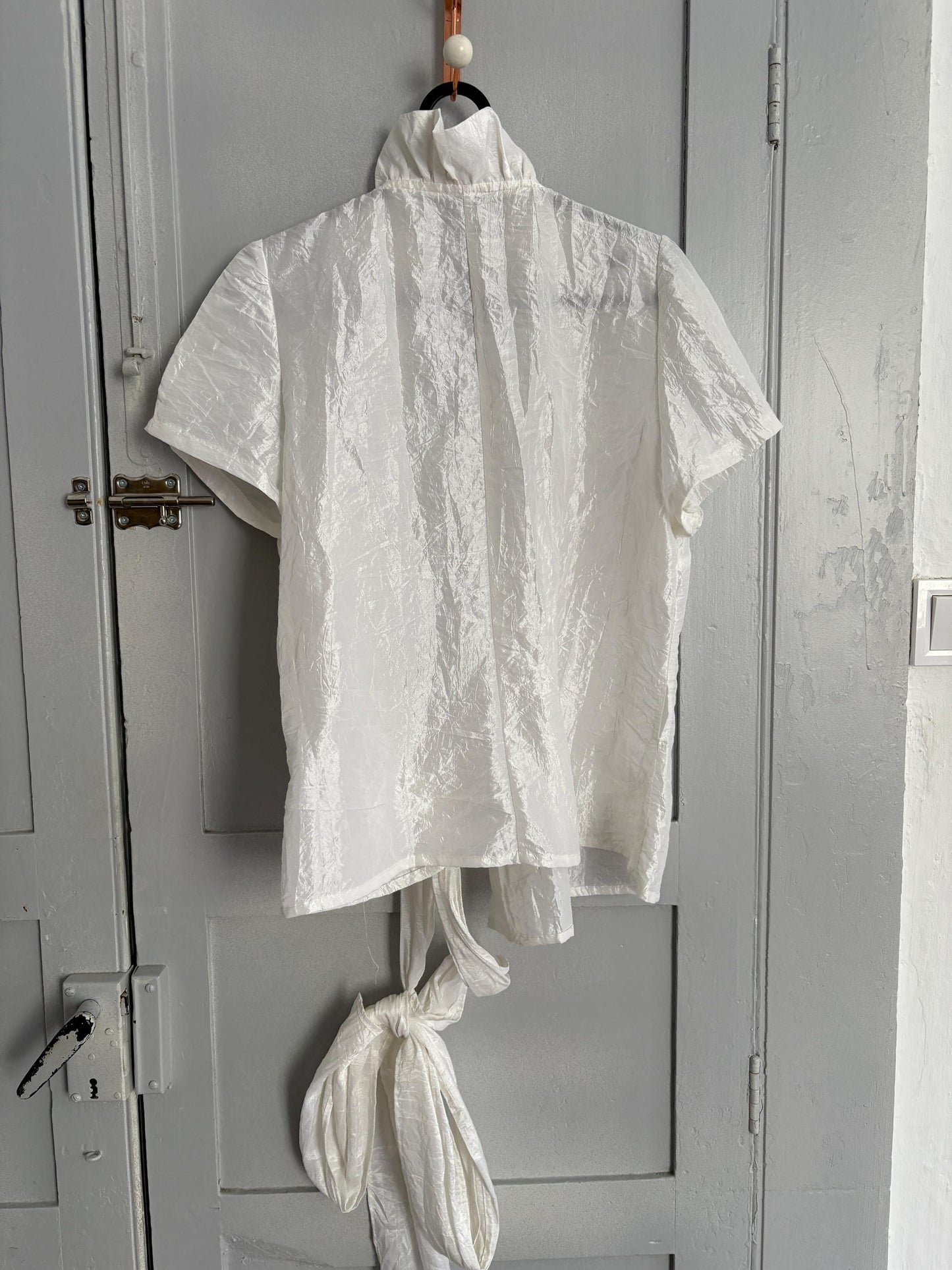 Romantic high ruffle neck woman blouse, Feminine white vintage French design top, S