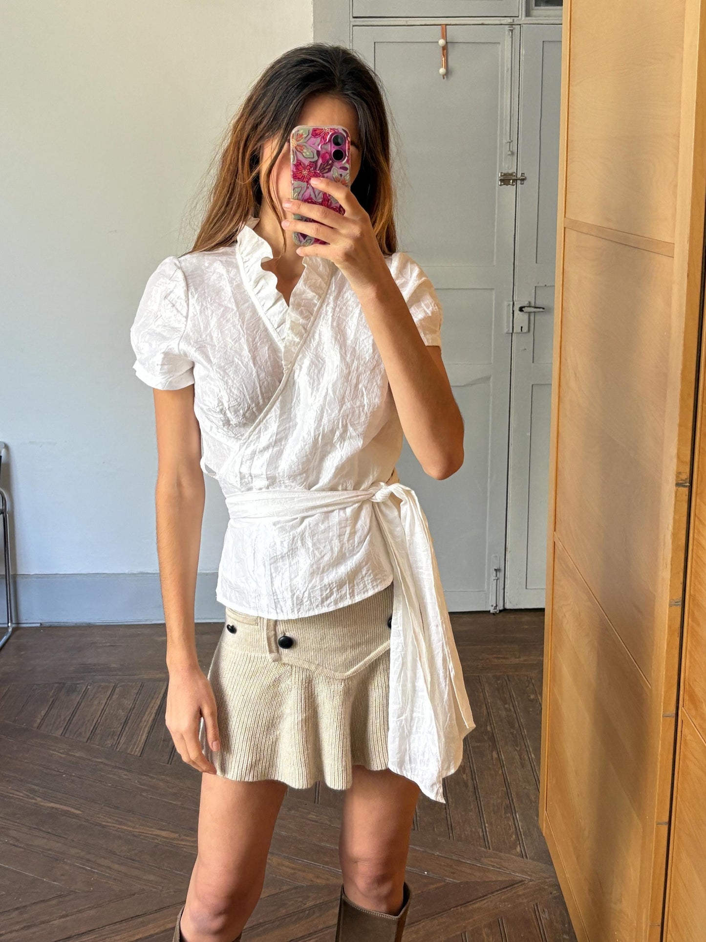 Vintage White Ruffle Wrap Blouse | Romantic Parisian Tie Top | Cottagecore Minimalist Aesthetic (Size S)