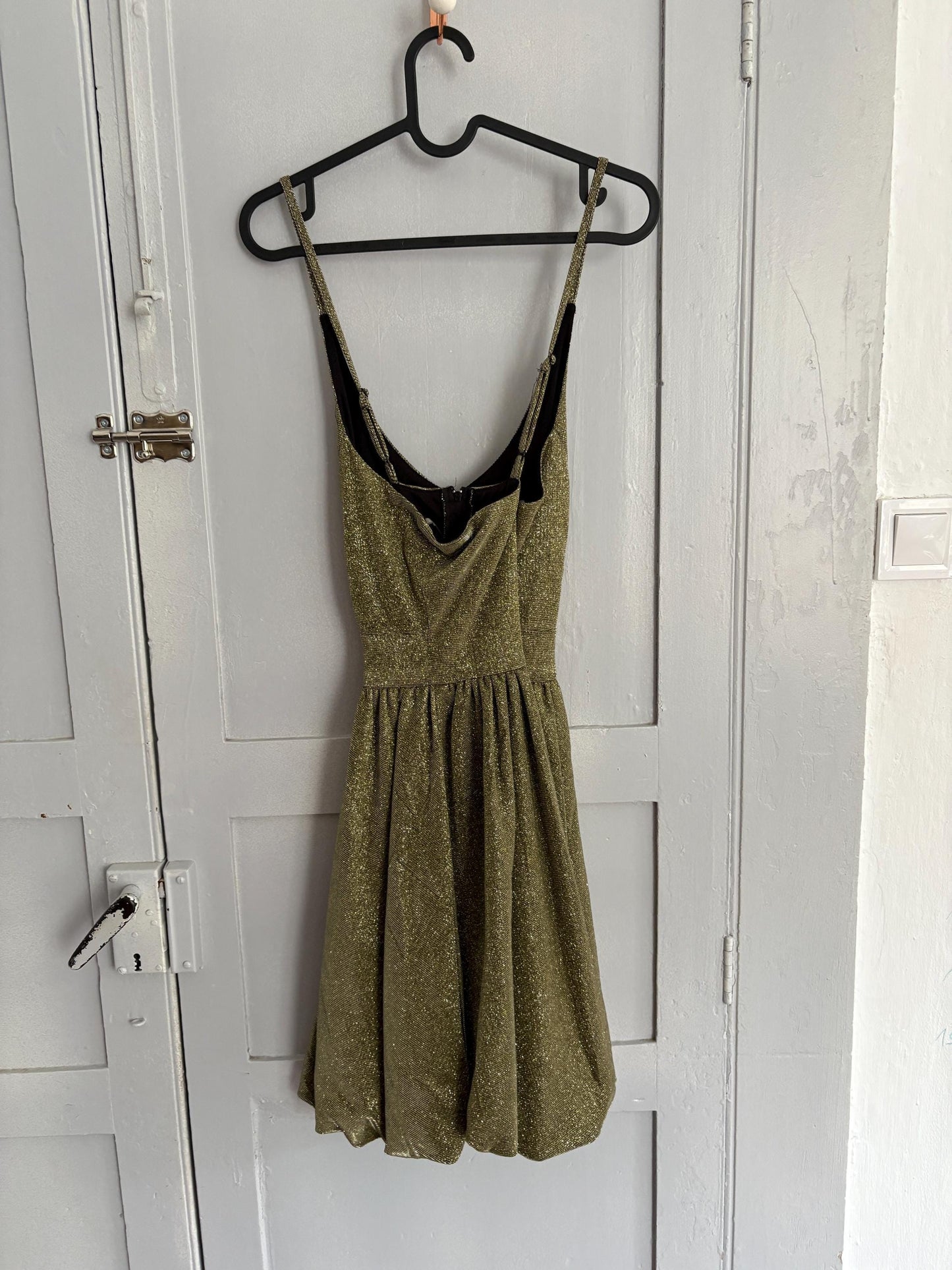 Vintage Gold Glitter Party Dress | Y2K Metallic Bubble Hem Mini | Size M