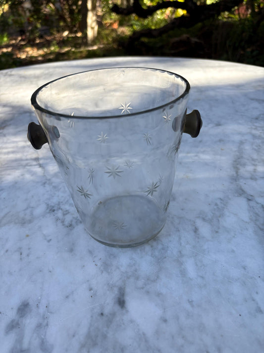 Vintage Star-Etched Glass Ice Bucket – Mid Century Cocktail Barware – Clear Glass with Brass Handle, Retro Bar Cart Decor