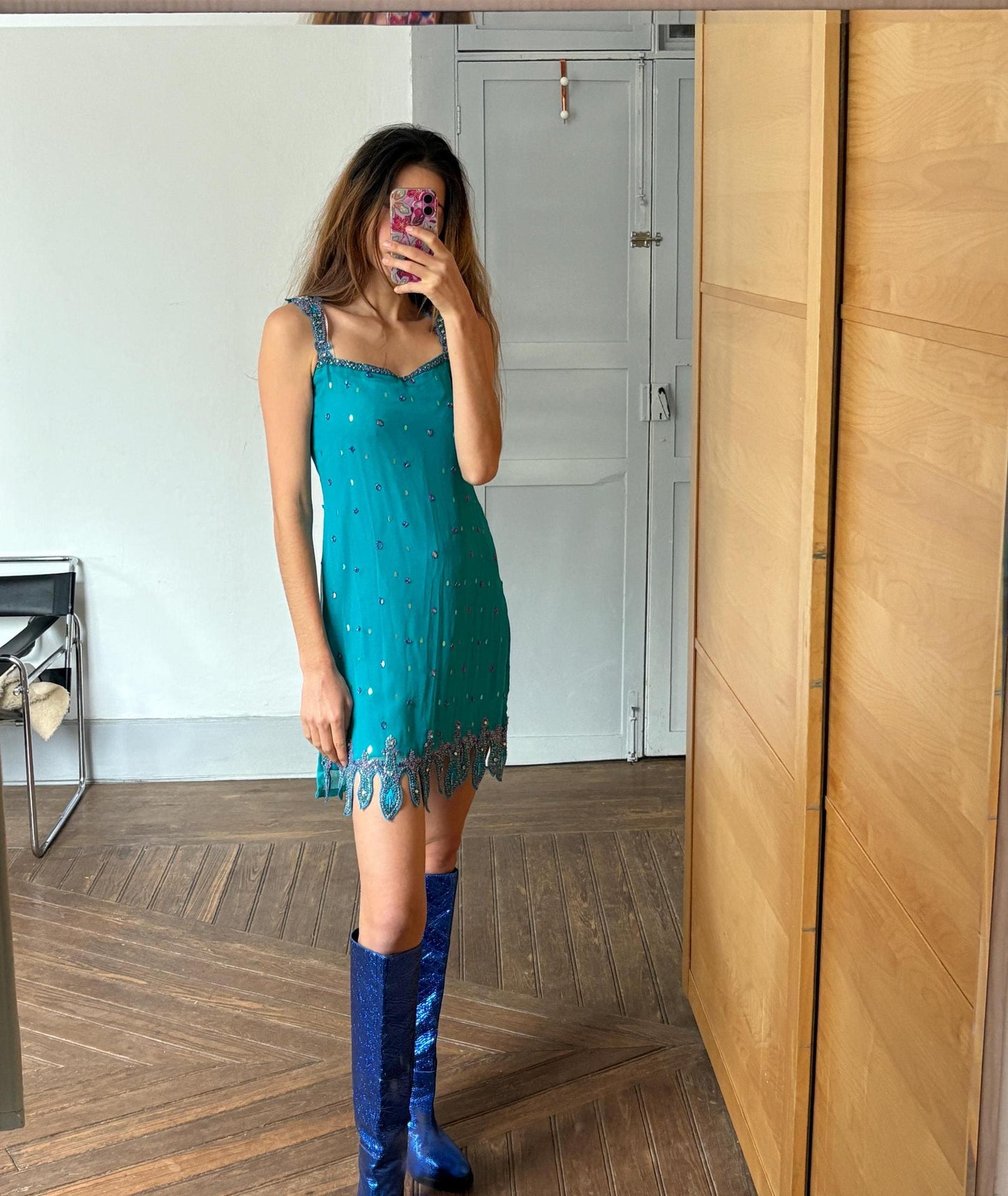Vintage turquoise Indian sequin mini dress or tunic – sparkly Y2K party dress with side slits and embellished hem, size S