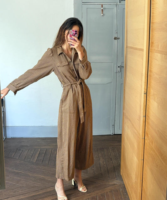 Vintage brown and white striped jumpsuit, Retro long pants work wear, Feminine strap waistline playsuit, Natural earthy woman wear