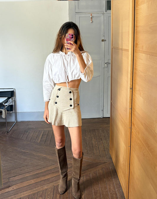 Vintage white romantic crop antique French top, Farm core folklore white puff sleeve dirndl top, Woven cotton cottage core blouse, Size S