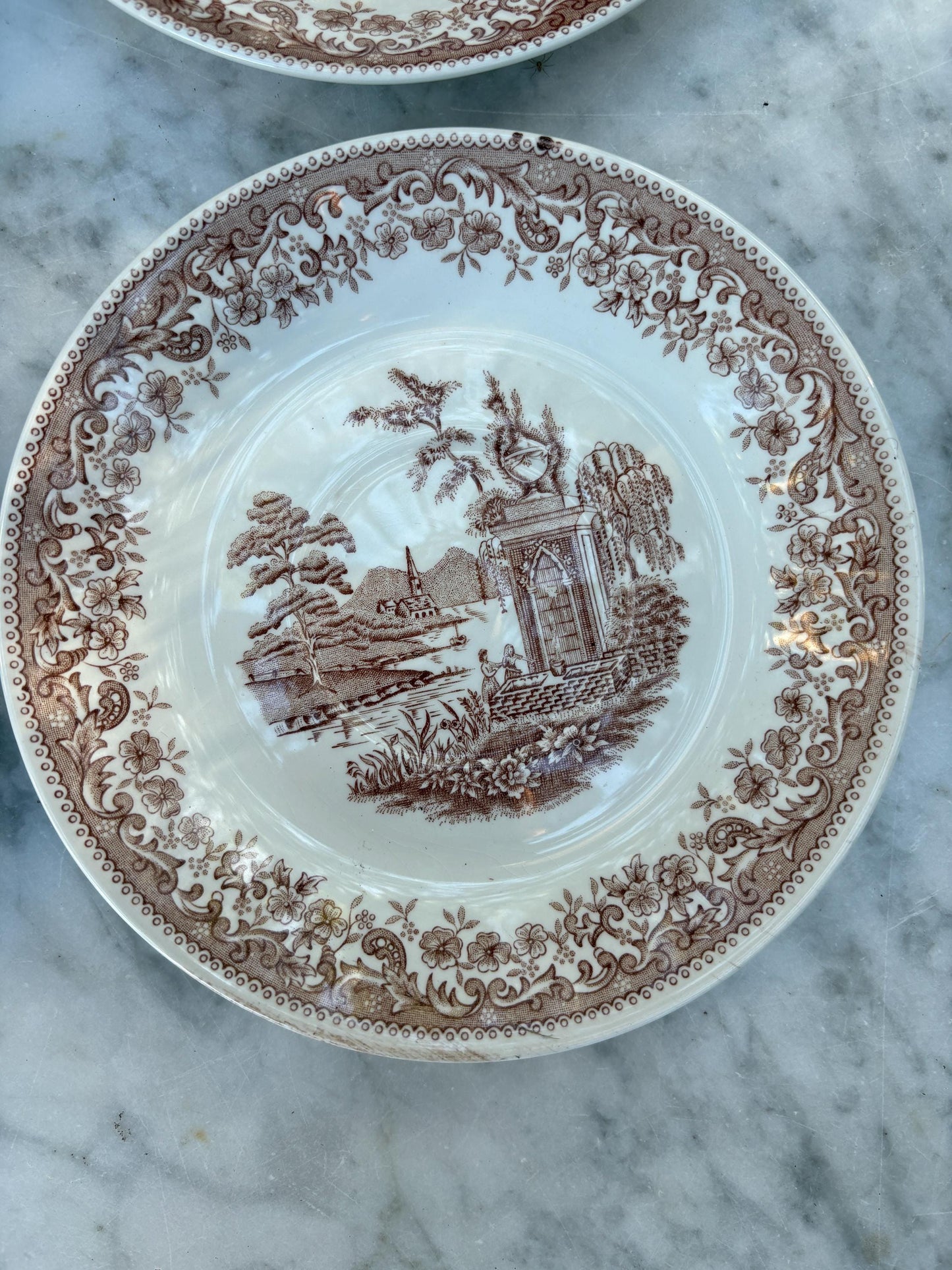 Set of 4 vintage hand engraved Old England saucers, Royal China Vigo small plates, Vintage Spanish brown and white small plates