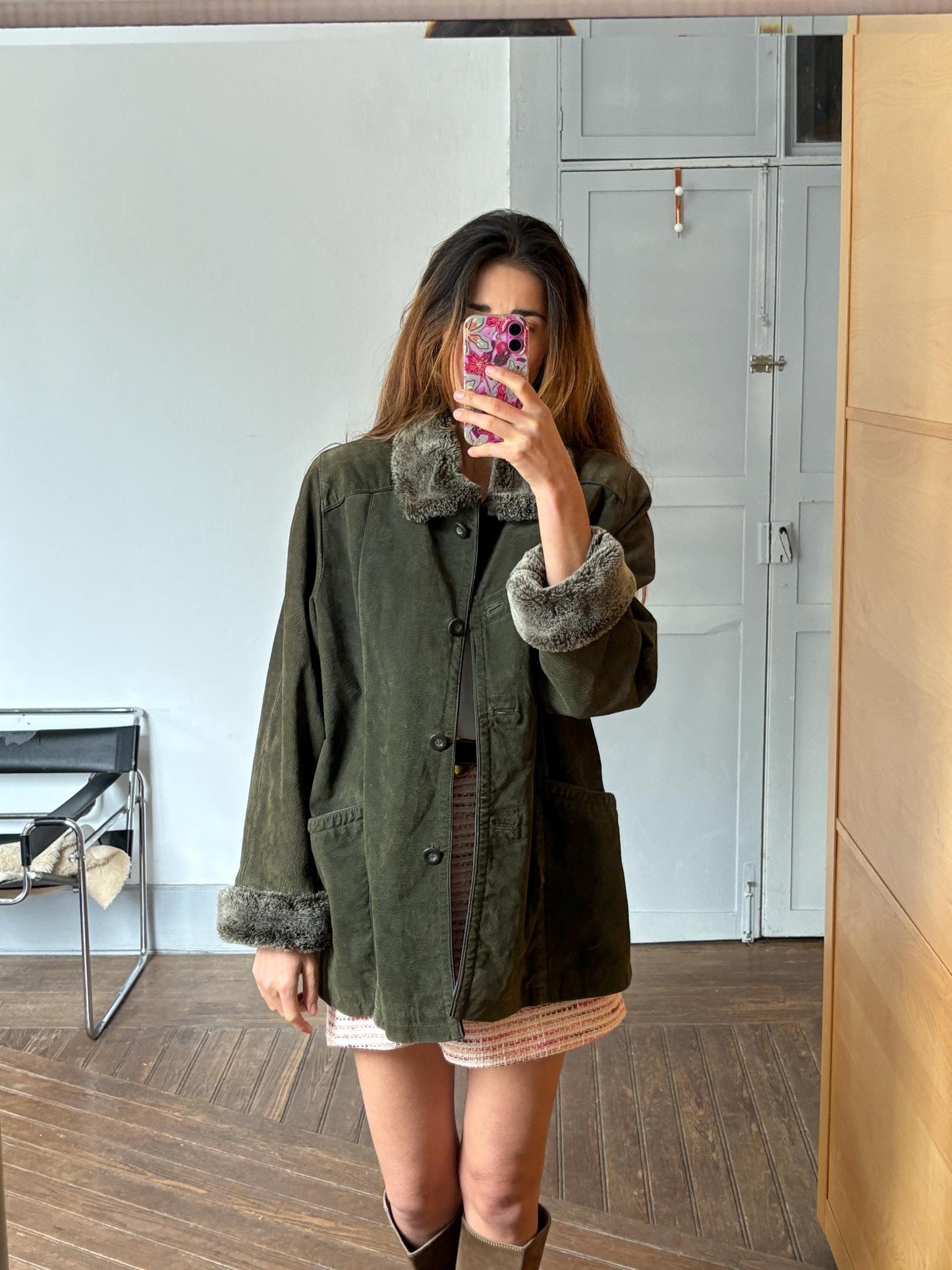 Gorgeous Dark green genuine leather coat, VintageLuxury Lamy jacket with faux fur detailing, 70s Retro cropped coat,
