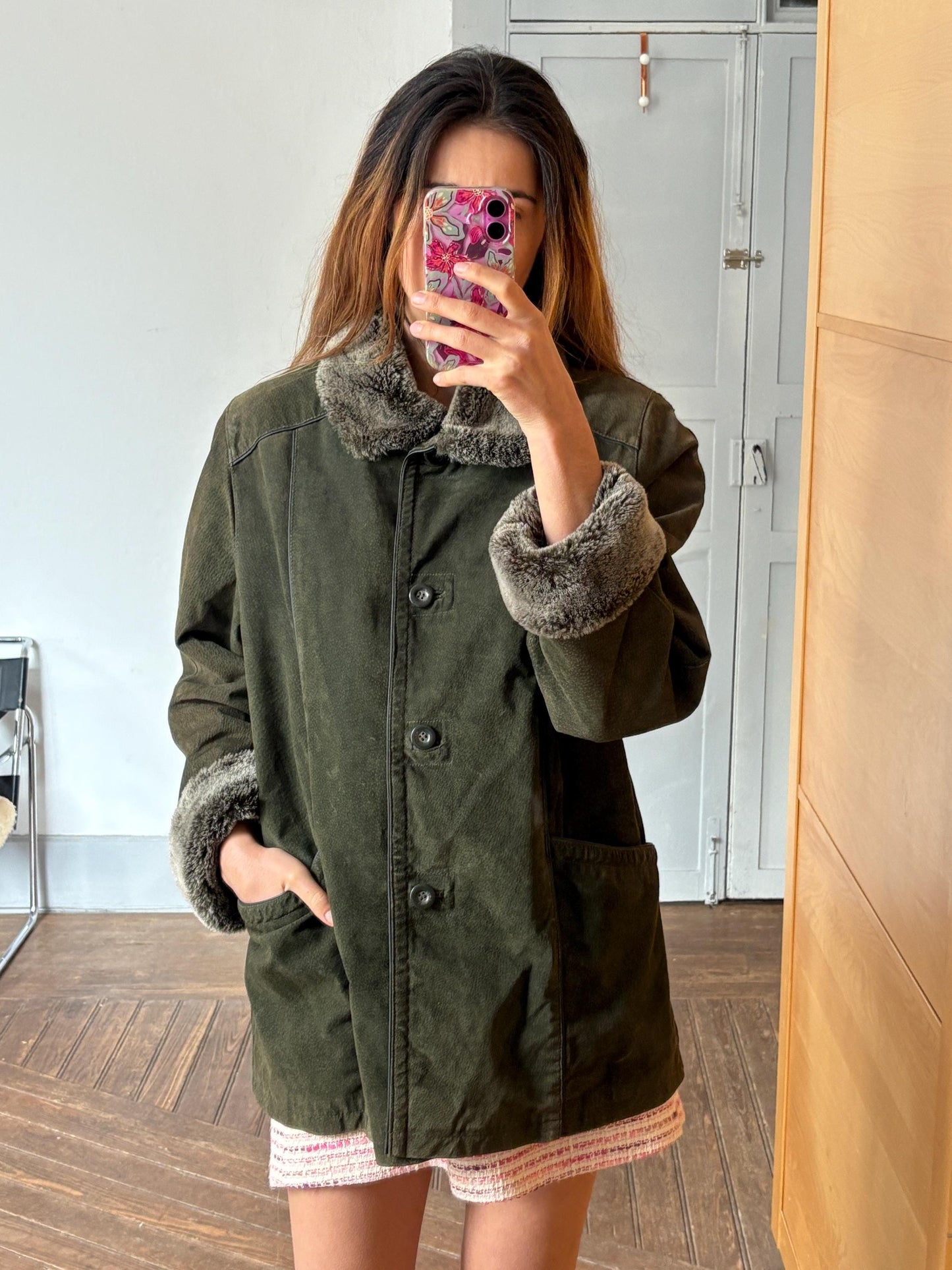Gorgeous Dark green genuine leather coat, VintageLuxury Lamy jacket with faux fur detailing, 70s Retro cropped coat,